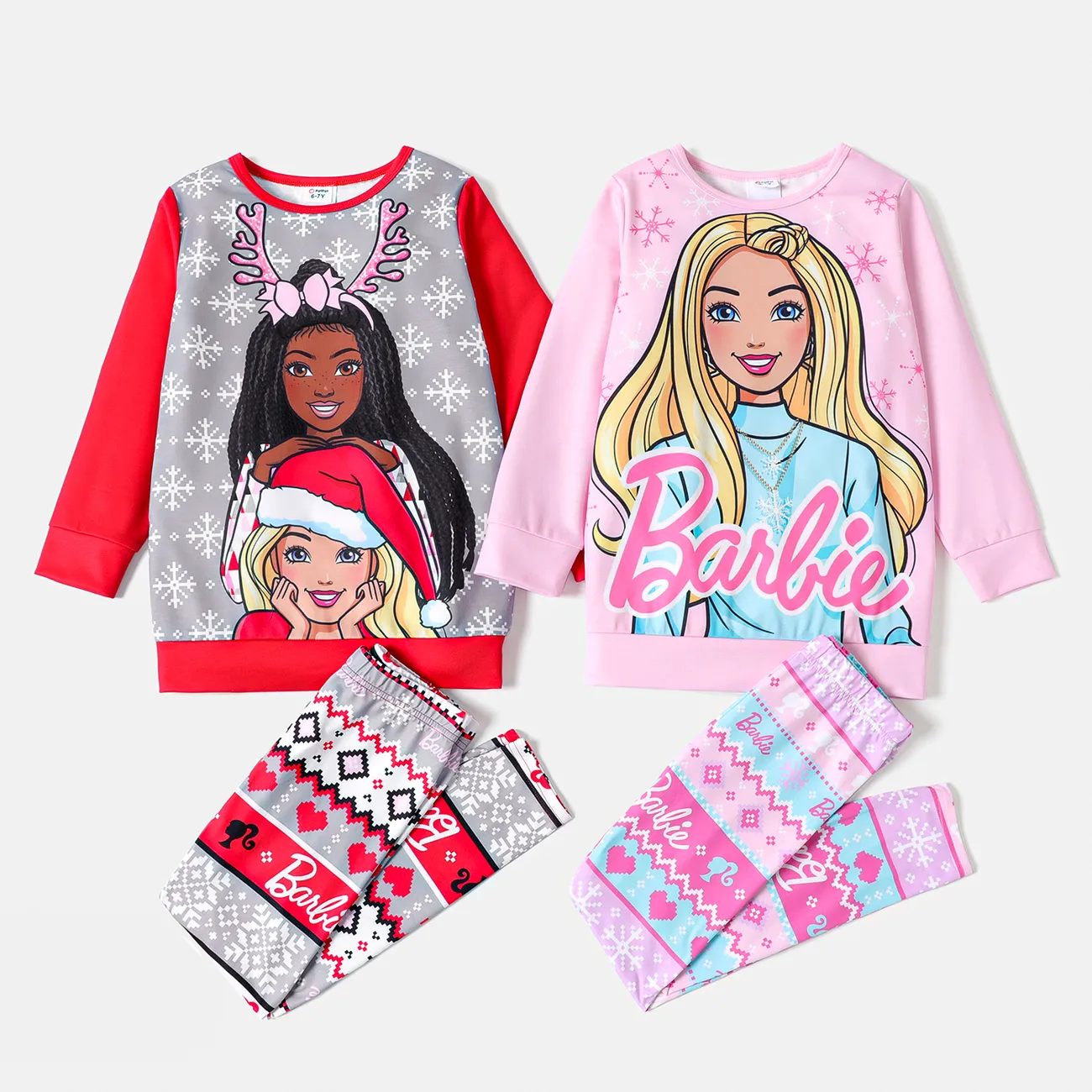 Barbie 2pcs Kid Girl Christmas Snowflake Print Sweatshirt and Elasticized Pants Set Pink big image 1