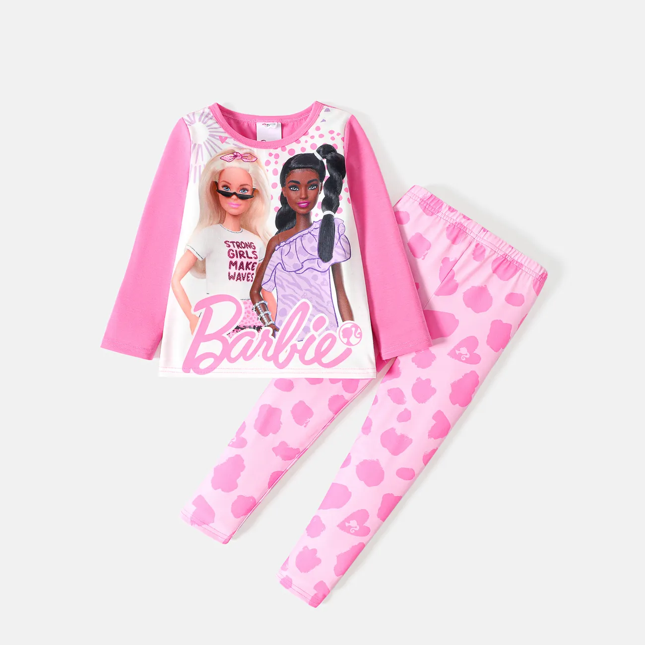 Barbie 2pcs Toddler Girl Character Print Long-sleeve Tee and Allover Print Leggings Set Pink big image 1
