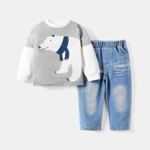 2PCS Toddler Boy Childlike Animal Pattern Top/Faux Layered Denim Pants Set