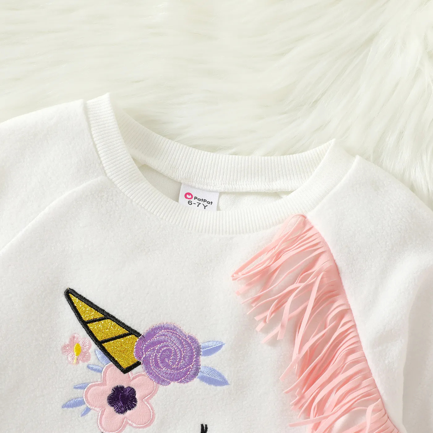 2pcs Kid Girl Animal Unicorn Print Tassel Fleece Sweatshirt and Floral Print Leggings Set White image 3