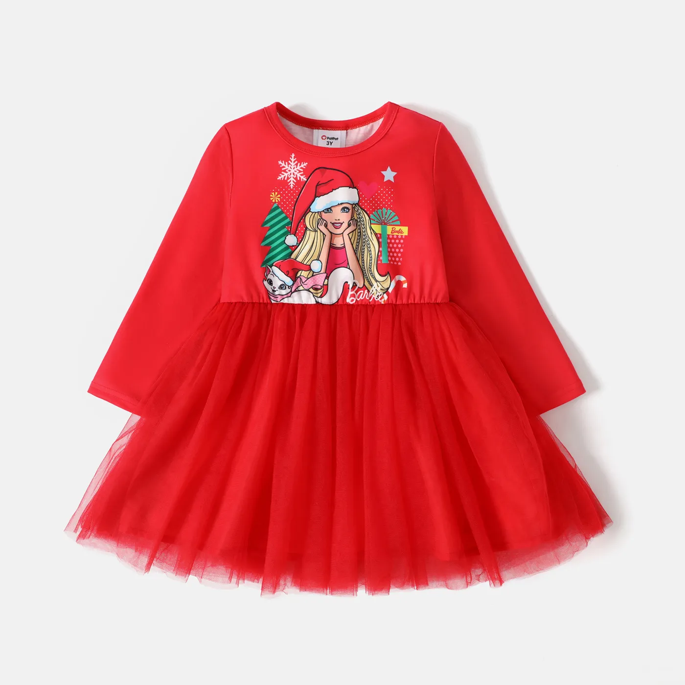 Barbie Toddler Girl Christmas Character Print Mesh Splice Long-sleeve Dress Red image 6