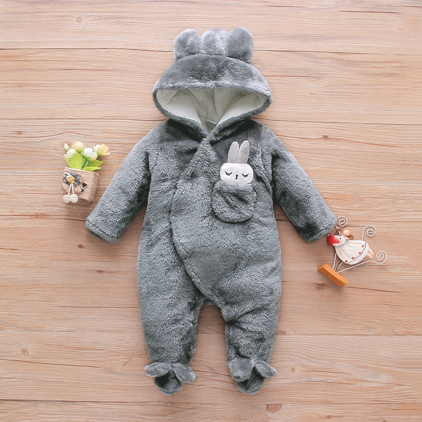 Solid Rabbit Decor Fleece Hooded Footed/footie Long-sleeve Baby Jumpsuit Grey