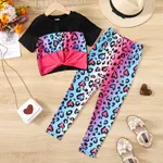 2pcs Kid Girl Leopard Print Twist Short-sleeve Tee and Pants Set Black