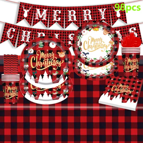 Christmas Disposable Paper Cup Plate Napkin Tableware Set with Tablecloth Flag Decoration Cloth