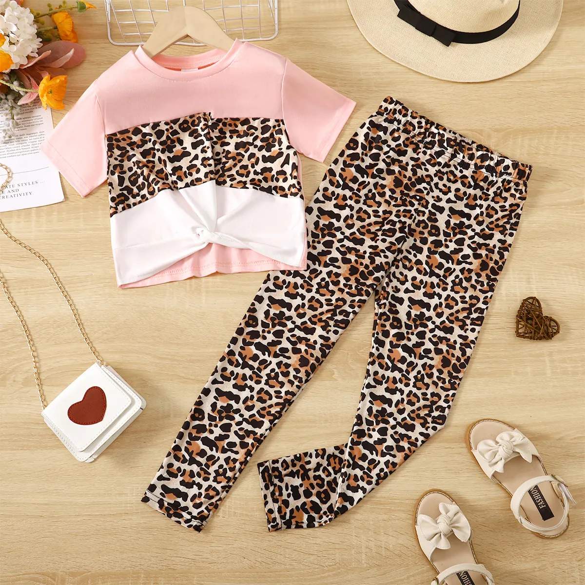 2pcs Kid Girl Leopard Print Twist Short-sleeve Tee and Pants Set White big image 1