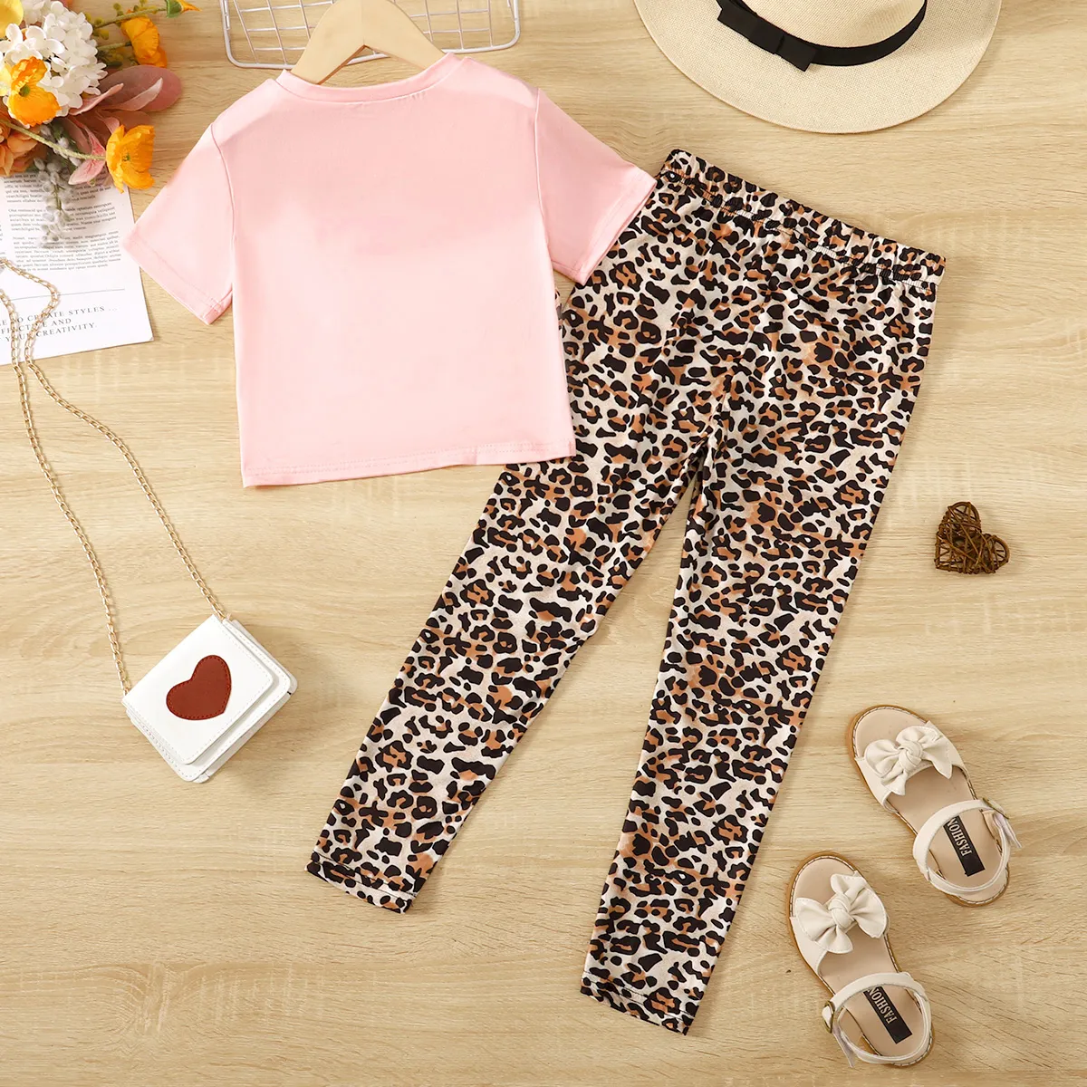 2pcs Kid Girl Leopard Print Twist Short-sleeve Tee and Pants Set White big image 1