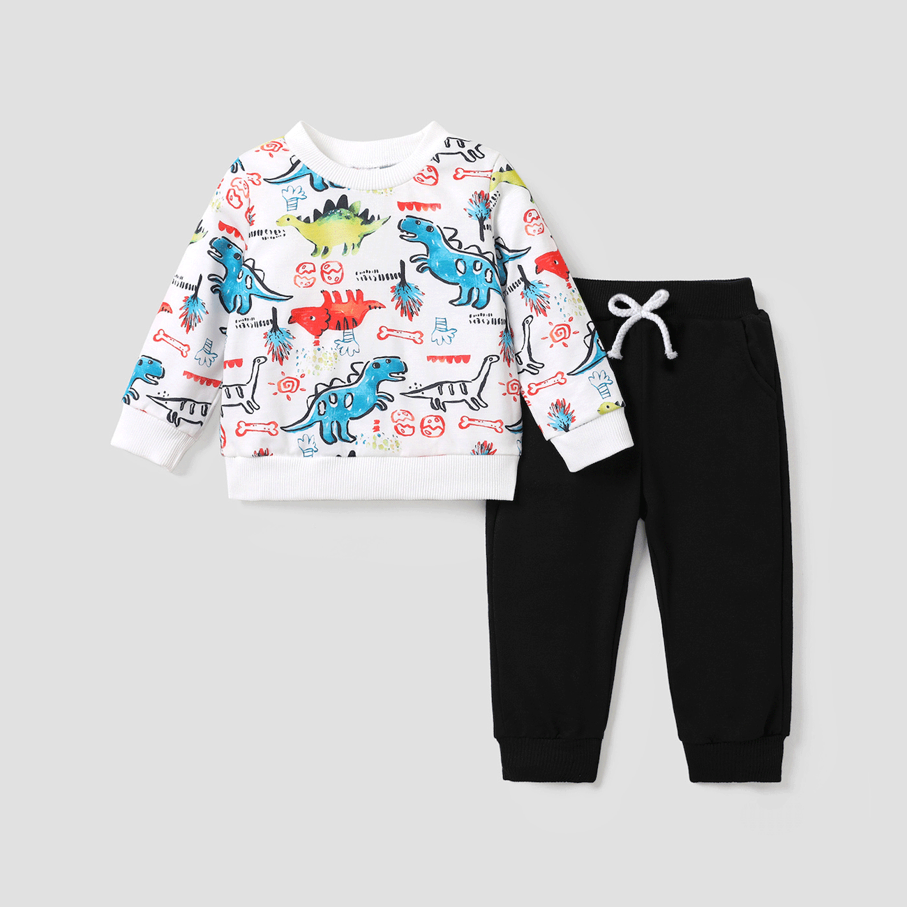 2pcs Baby Boy Allover Dinosaur Print Sweatshirt and Solid Pants Set   big image 1