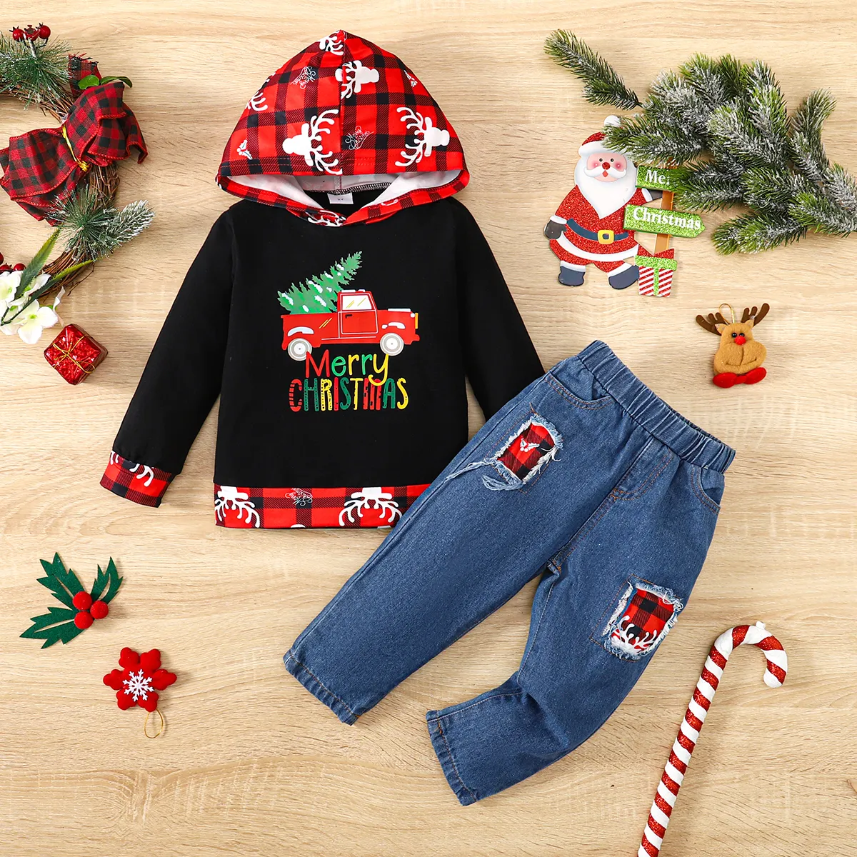 2pcs Toddler Girl/Boy Christmas Cotton Avant-garde Set  Black image 3