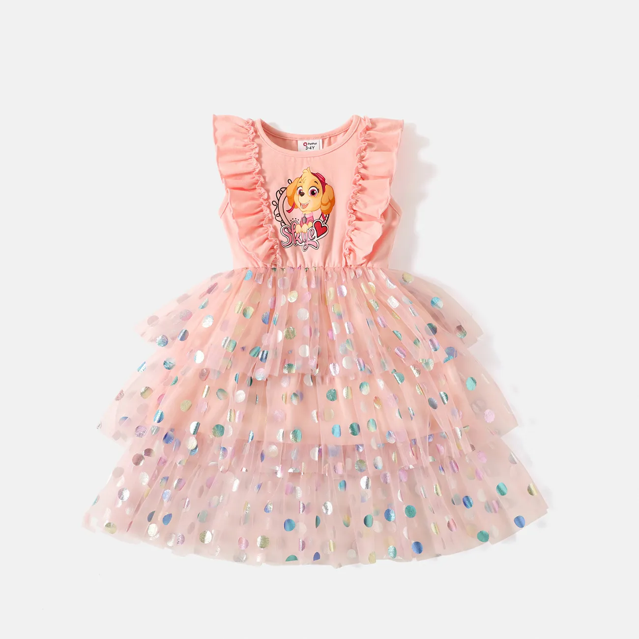 PAW Patrol Toddler Girl Cotton Ruffled Polka dots Layered Mesh Splice Sleeveless Dress Pink big image 1