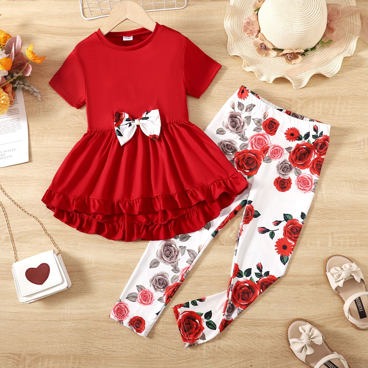 2pcs Kid Girl Bow Front Peplum Top And Plant Floral Pants Set