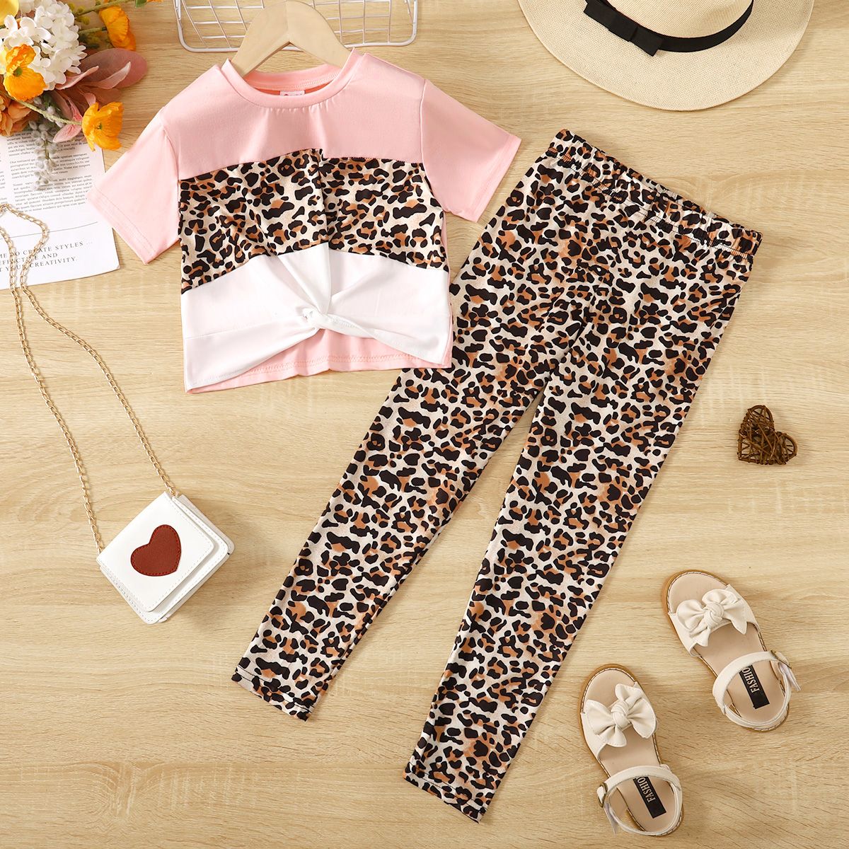 2pcs Kid Girl Leopard Print Twist Short-sleeve Tee And Pants Set