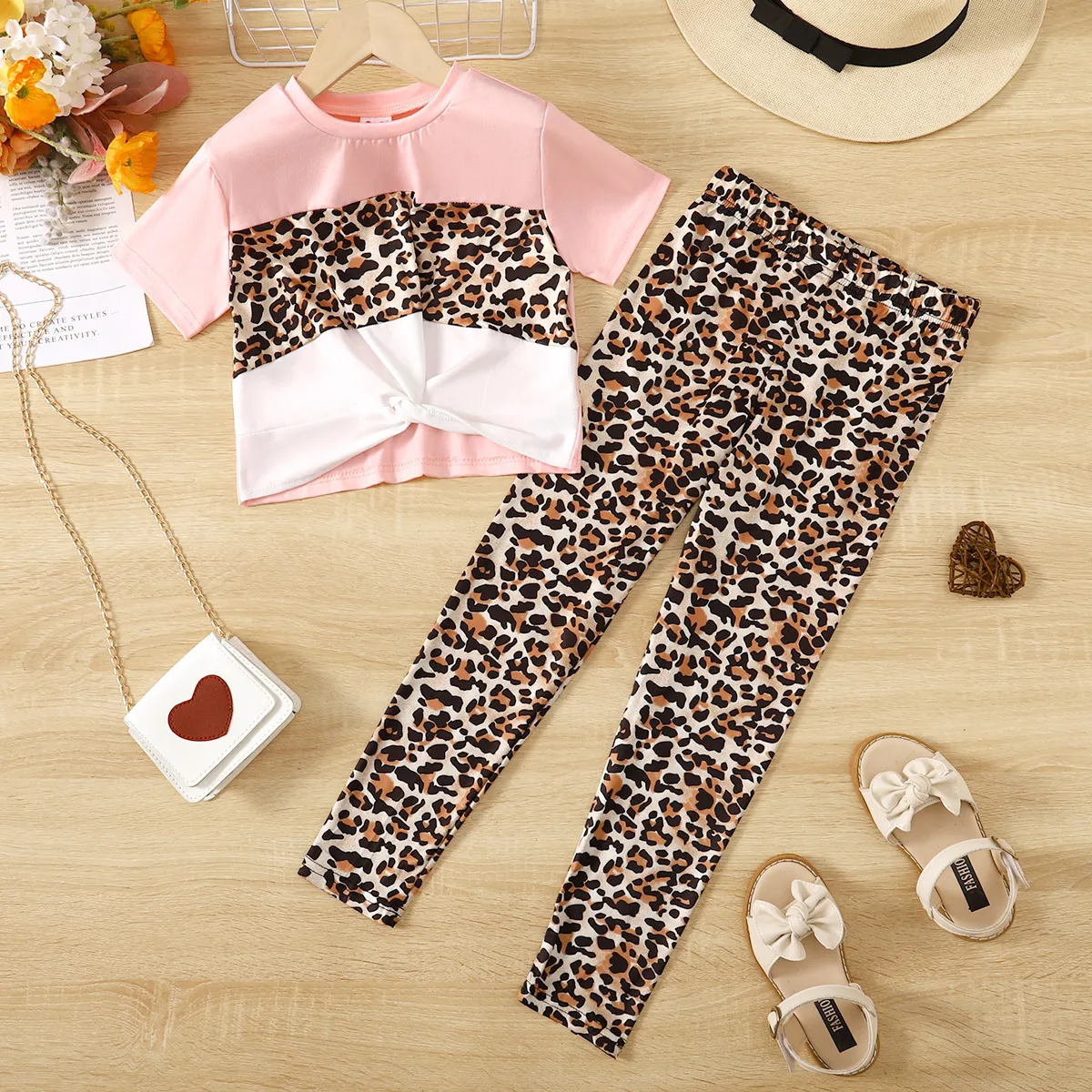 2pcs Kid Girl Leopard Print Twist Short-sleeve Tee and Pants Set White