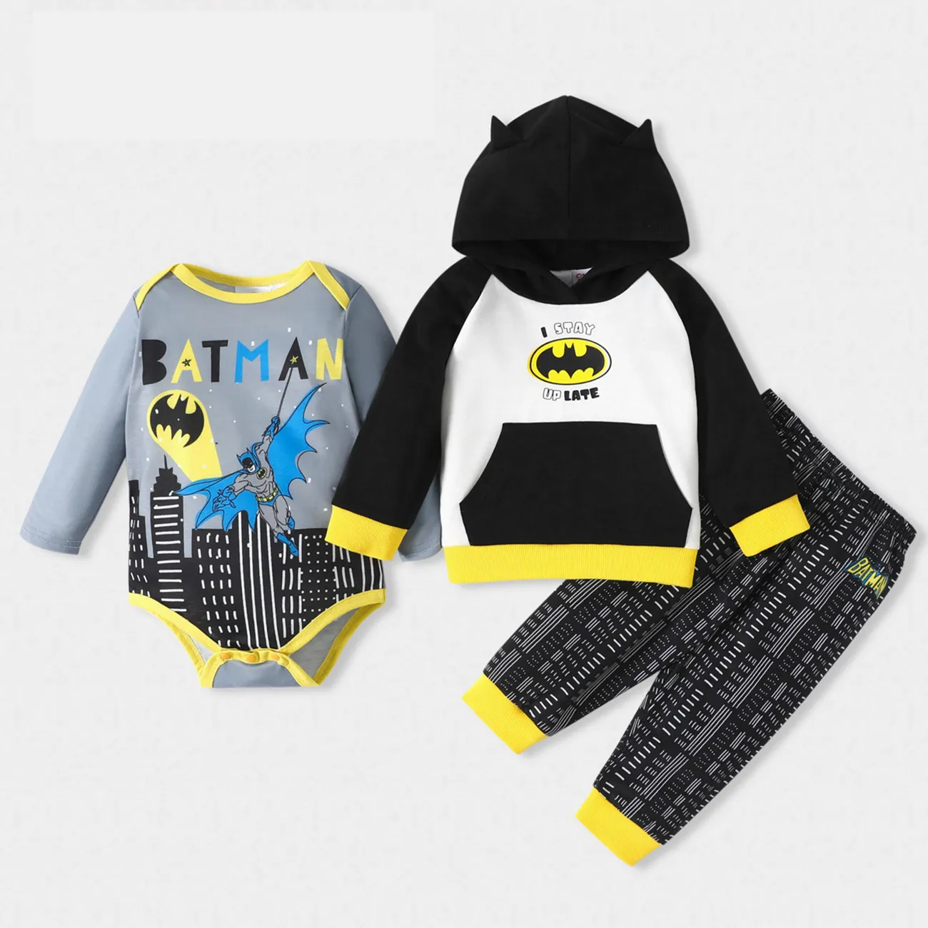 Batman Baby Boy Classic Logo Hooded Sweatshirt and Bodysuit and Pants Black / Gray big image 1