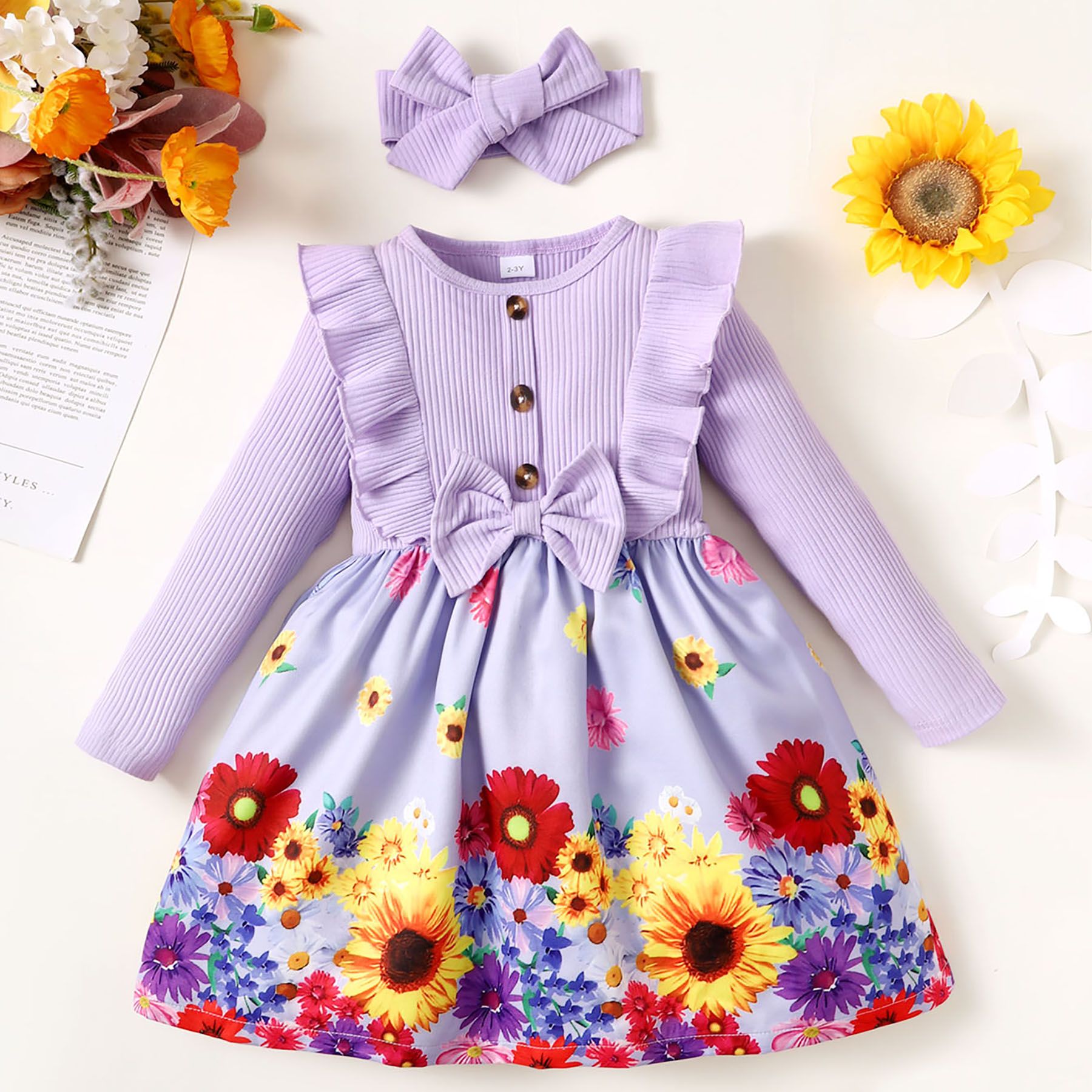 Sweet Toddler Girl 2pcs Floral Ruffle Edge Dress With Headband