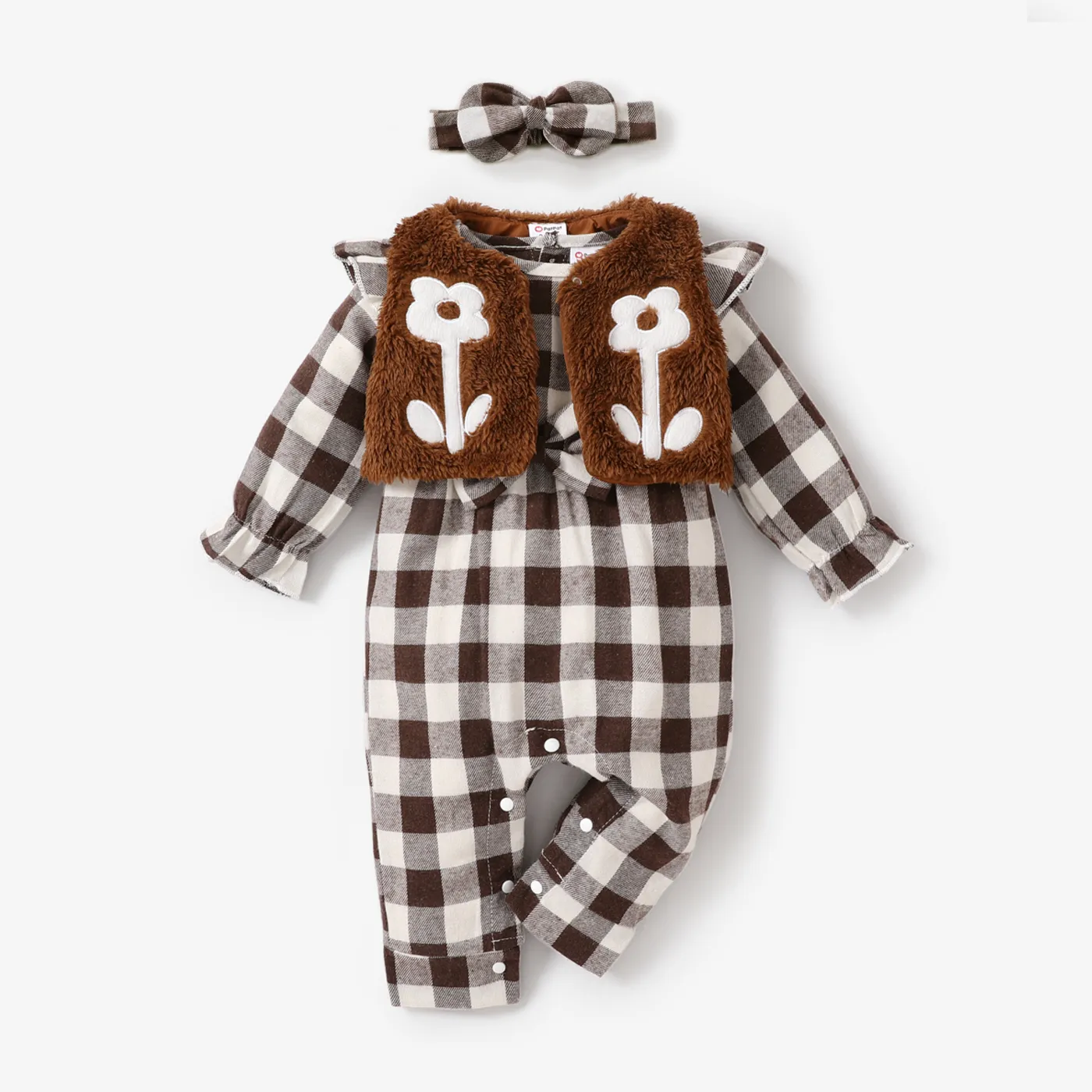 3pcs Baby Girl Sweet Flutter Sleeve Jumpsuit with Fuzzy Vest and Headband Brown big image 1