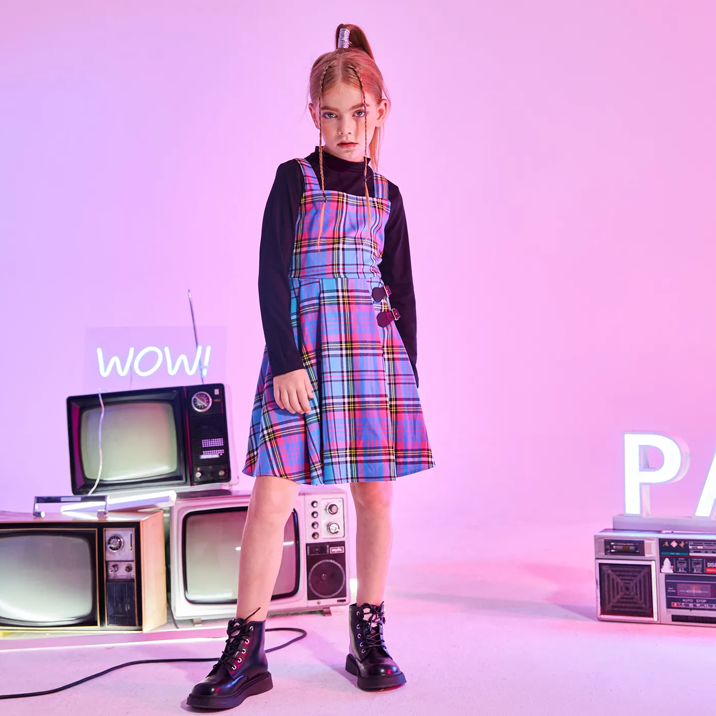 Kid Girl Grid Houndstooth Camisole Dress