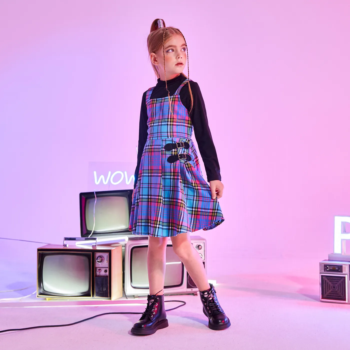 Kid Girl Grid Houndstooth Camisole Dress Hot Pink image 3