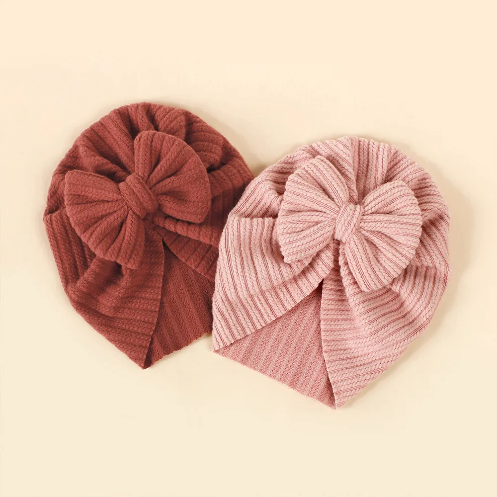Baby Knitted striped fabric bow beanie hair hat Red big image 1