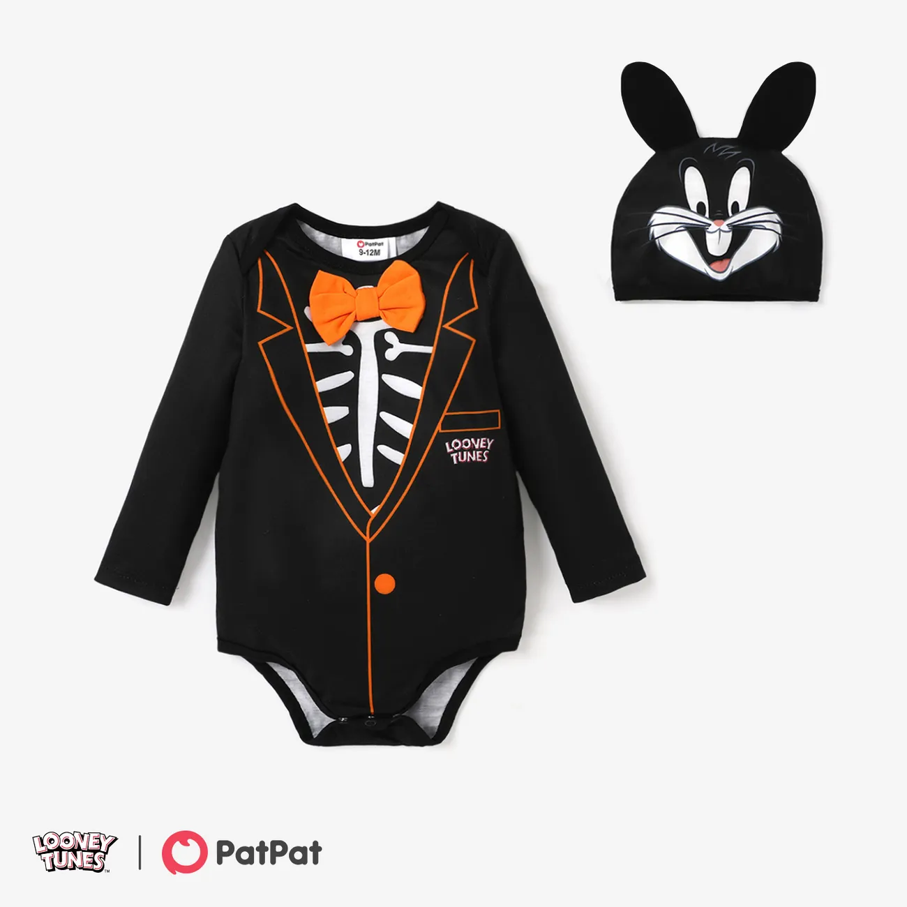 Looney Tunes Halloween Baby Boy Gentleman Skull Long-sleeve Romper with Hat Black big image 1