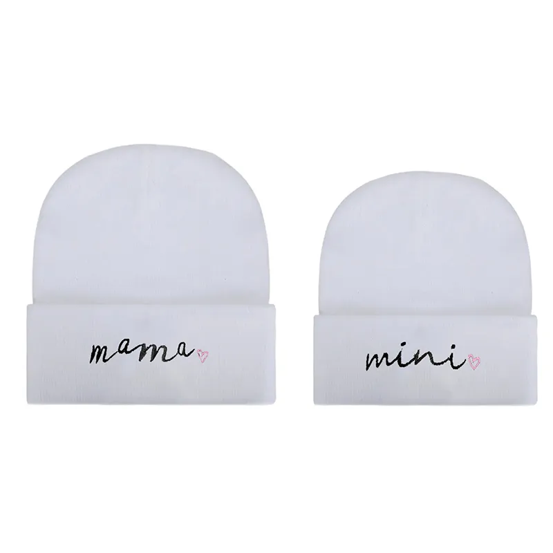 Cute casual embroidered knitted hat for parents and children White