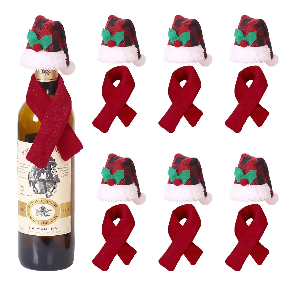 وشاح عيد الميلاد وقبعة الديكور مجموعة لزجاجة النبيذ الاحمر   أحمر big image 1