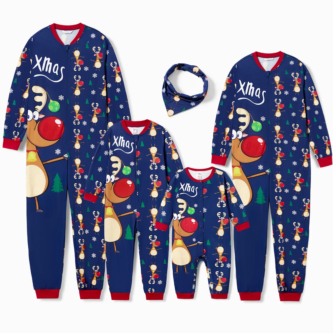 Christmas Family Matching Allover Reindeer Print Zipper Long-sleeve Onesies Pajamas (Flame Resistant)