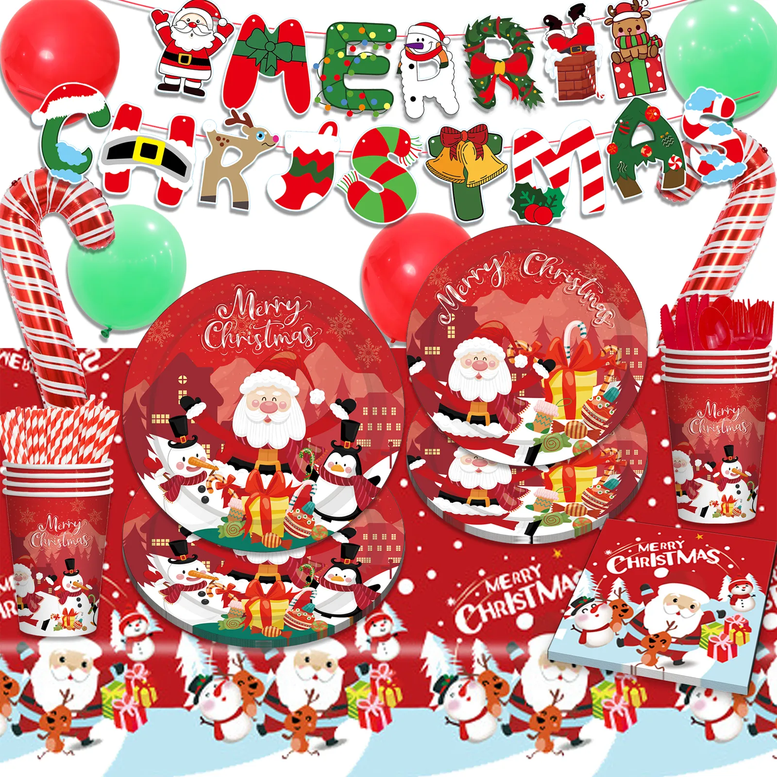 組合紅色卡通聖誕老人主題節日派對裝飾套裝：紙盤、杯子、桌布、餐具和氣球