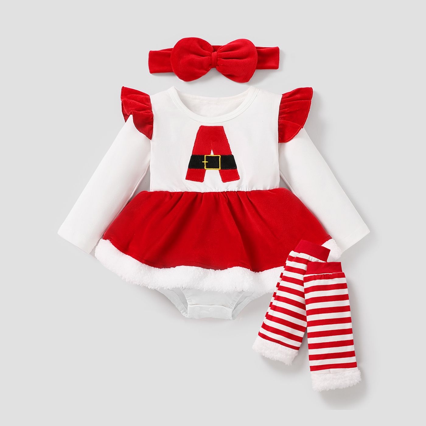 

3PCS Baby Girl Sweet Color-Block Design Christmas Romper