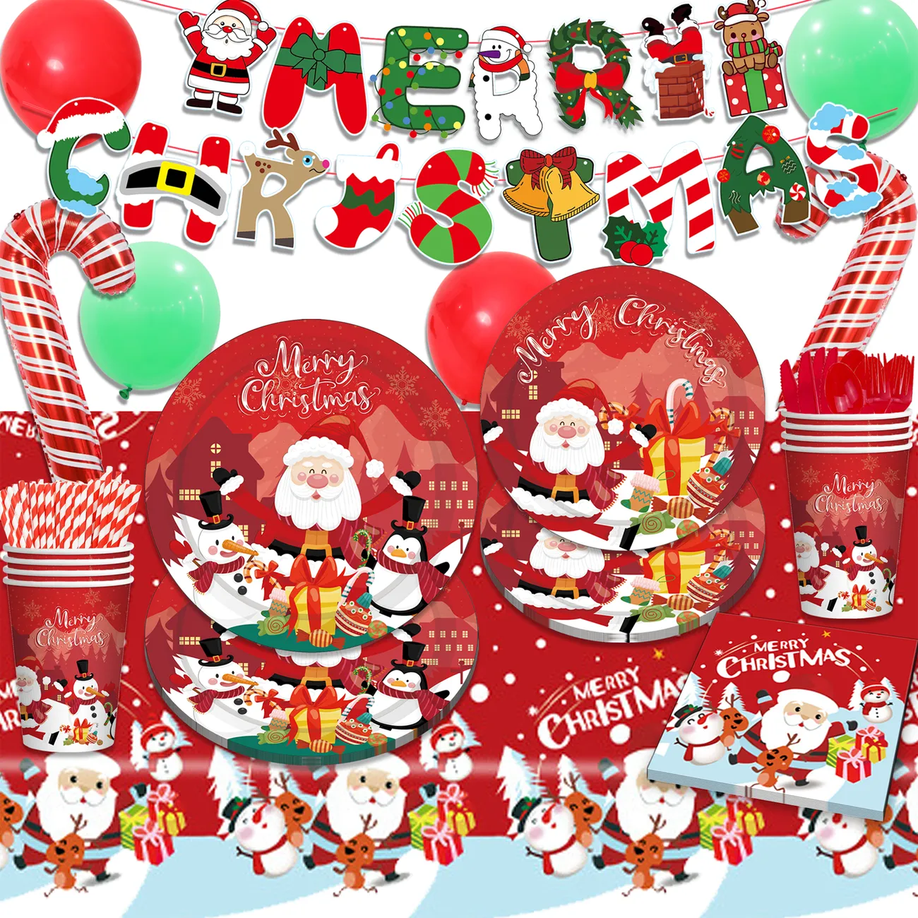 Combo Red Cartoon Santa Claus Themed Holiday Party Decoration Set: Paper Plates, Cups, Tablecloth, Cutlery, and Balloons Red/White big image 1