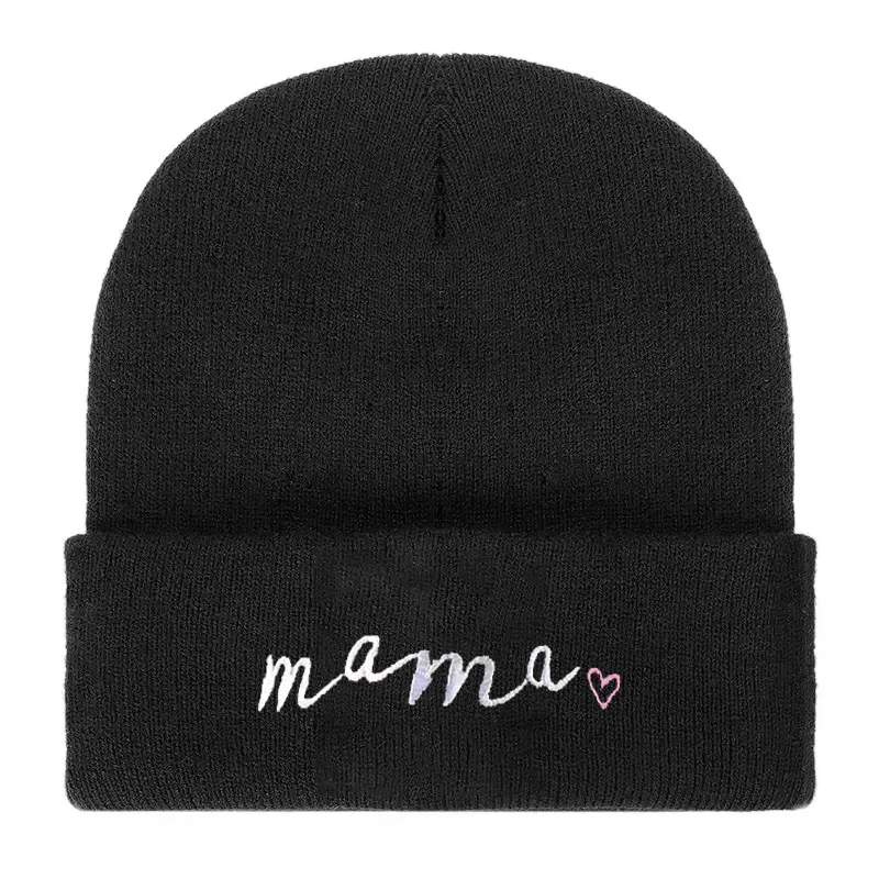 Cute casual embroidered knitted hat for parents and children Black big image 1