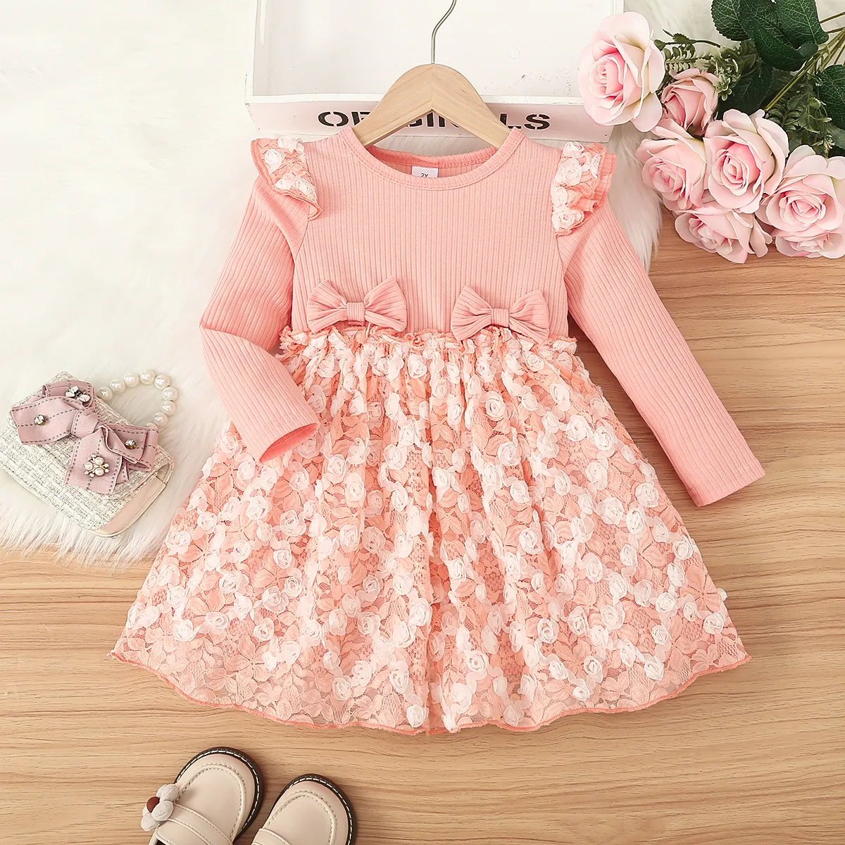 Toddler Girl Sweet Broken Flower Pattern 3D Long Sleeve Mesh Dress  Pink big image 1