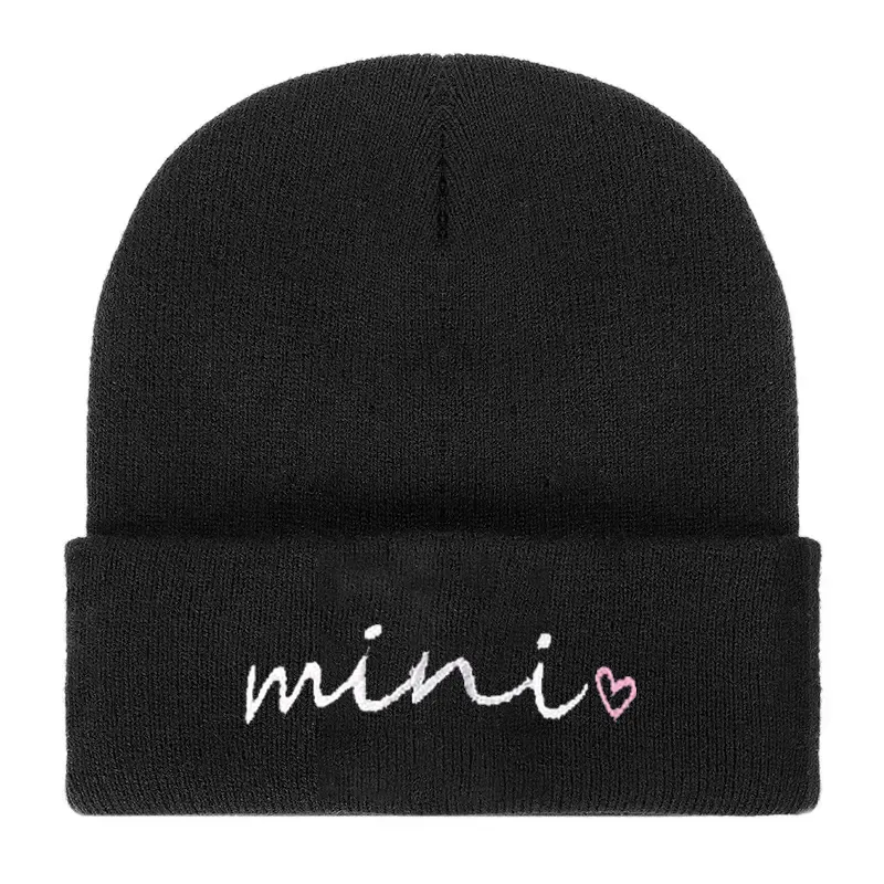 Cute casual embroidered knitted hat for parents and children Black big image 1