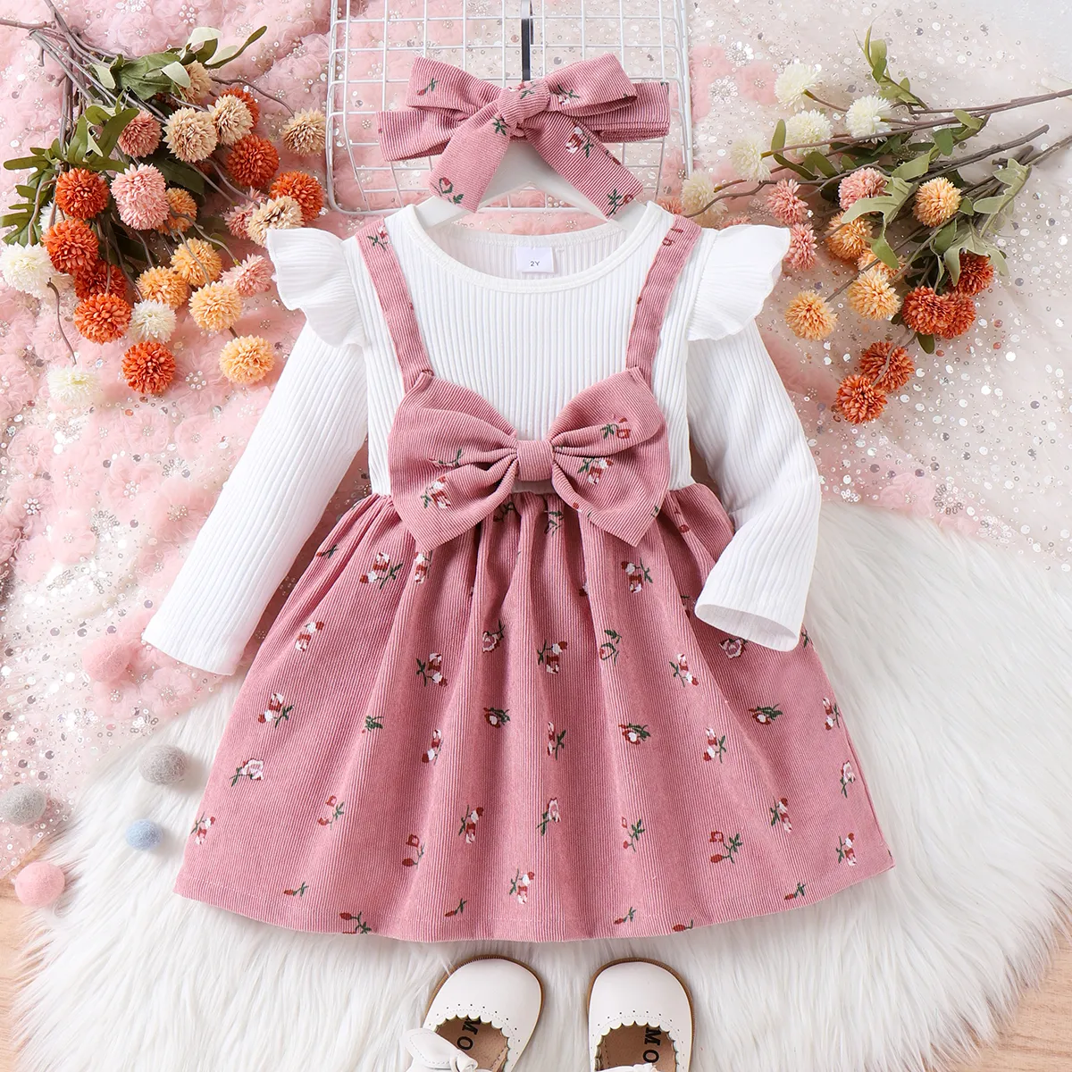 2PCS Toddler Girl Sweet Flutter Sleeve Broken Flower Suit Dress   big image 1