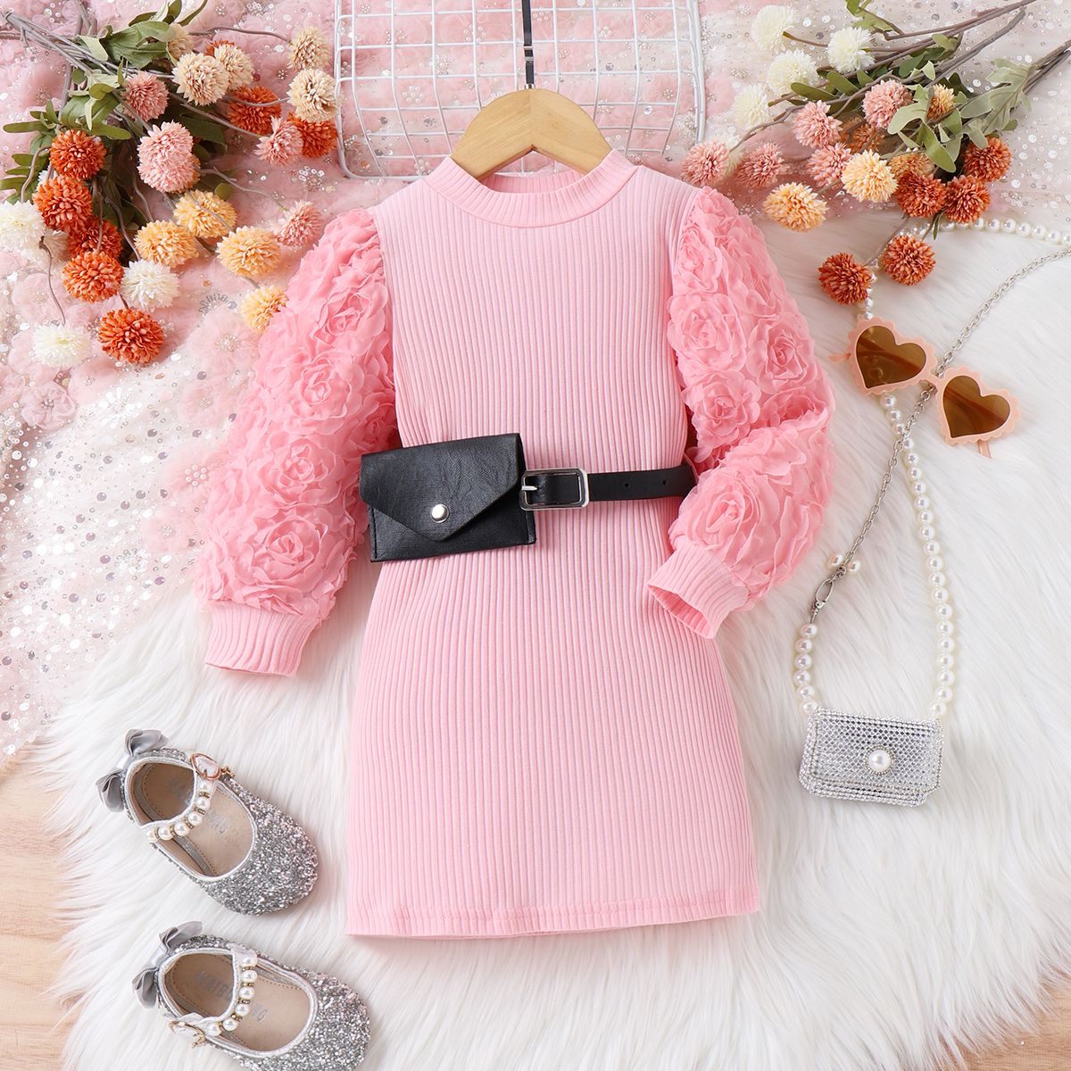 2PCS Toddler Girl Sweet  Solid Color Puff Sleeve Suit Dress