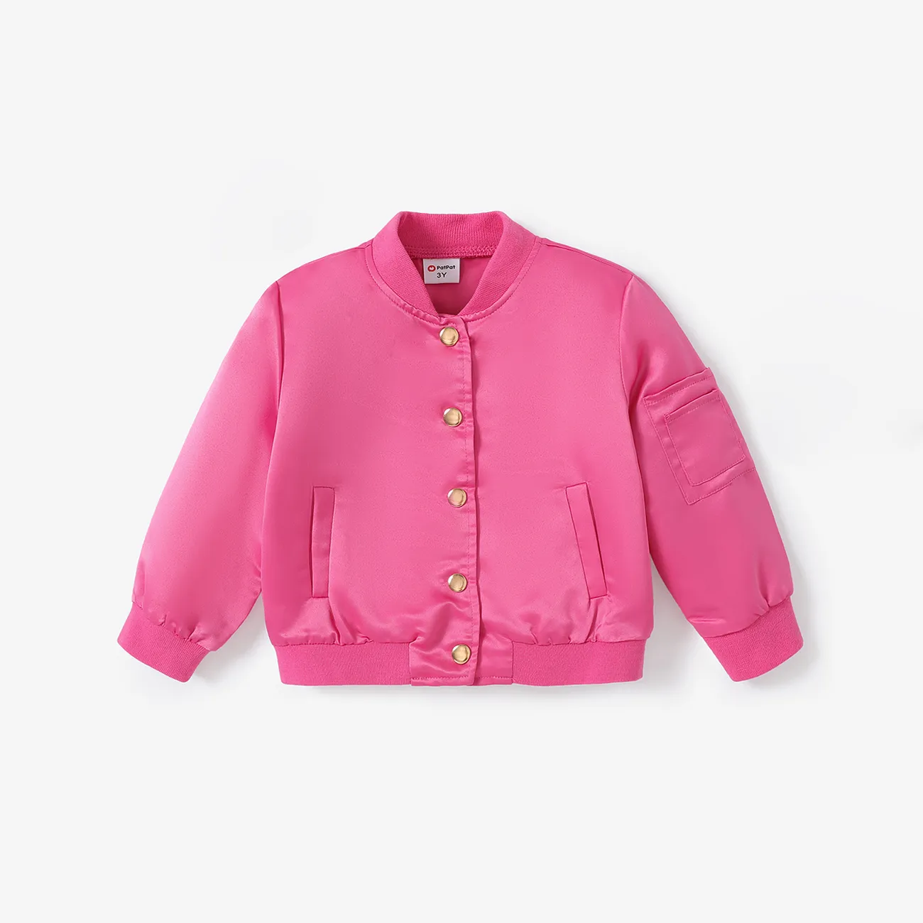 Toddler  Girl Solid Color Button Design Avant-garde Jacket Hot Pink big image 1