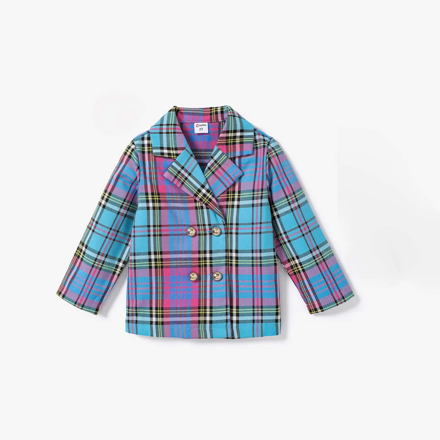 Toddler Girl Double-Breasted Grid Coat/Sweet Stripe Design Animal Butterfly Tee Pink big image 1