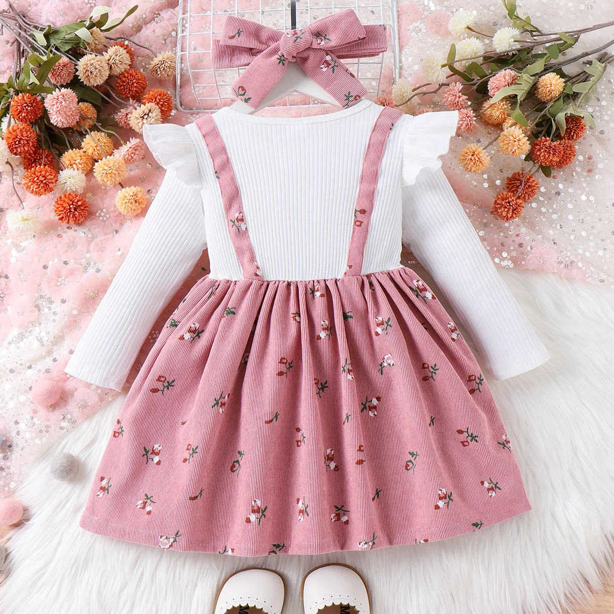 2PCS Toddler Girl Sweet Flutter Sleeve Broken Flower Suit Dress   image 3
