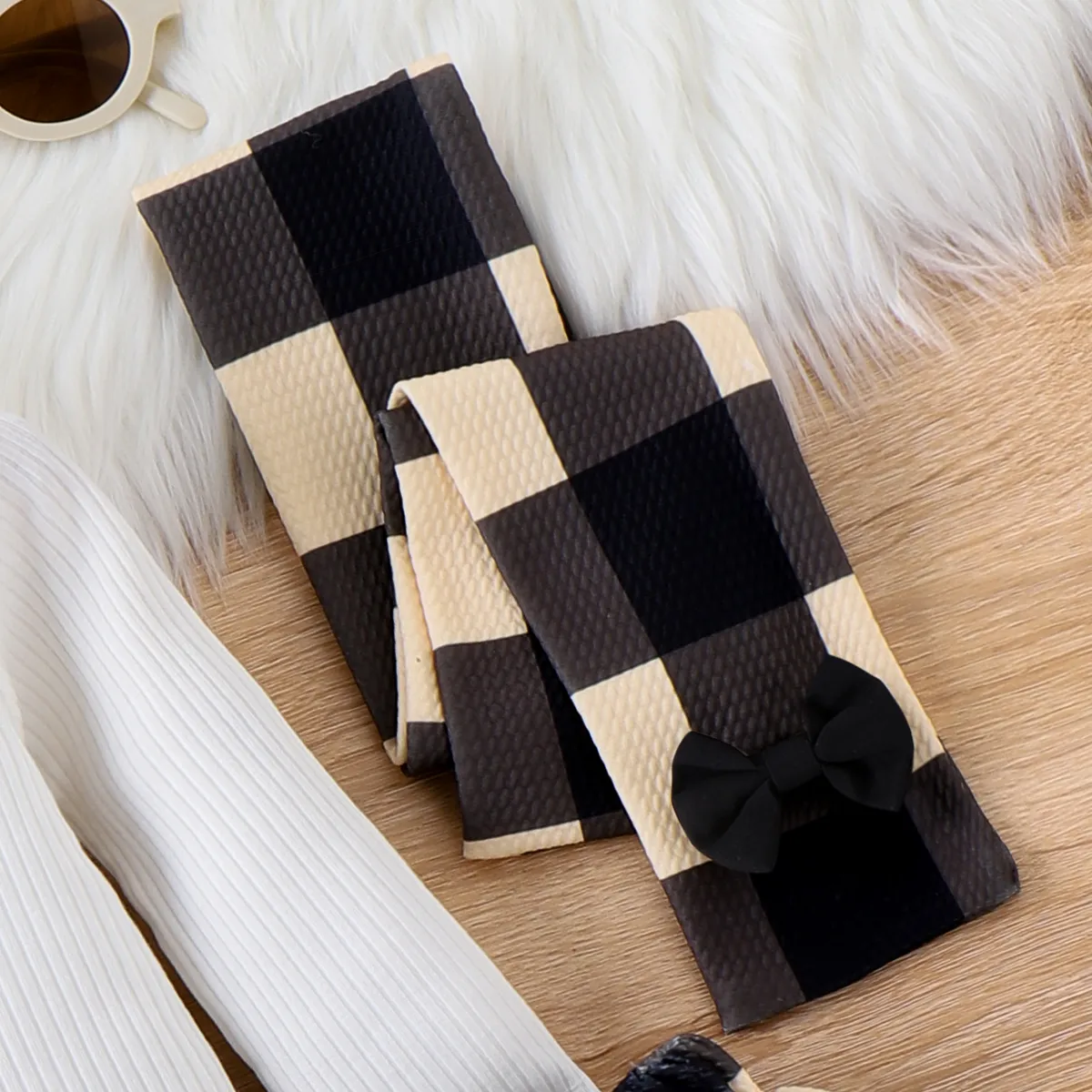  3PCS Boy Girl Sweet Long Sleeve Top/Grid Houndstooth Dress/Scarf Set  image 5
