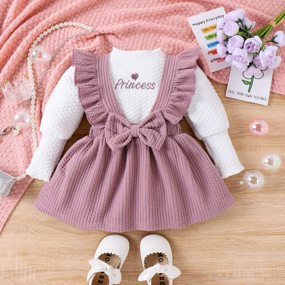 2pcs Baby Girl Sweet Ruffle Edge Long Sleeve Dresses Set  Purple