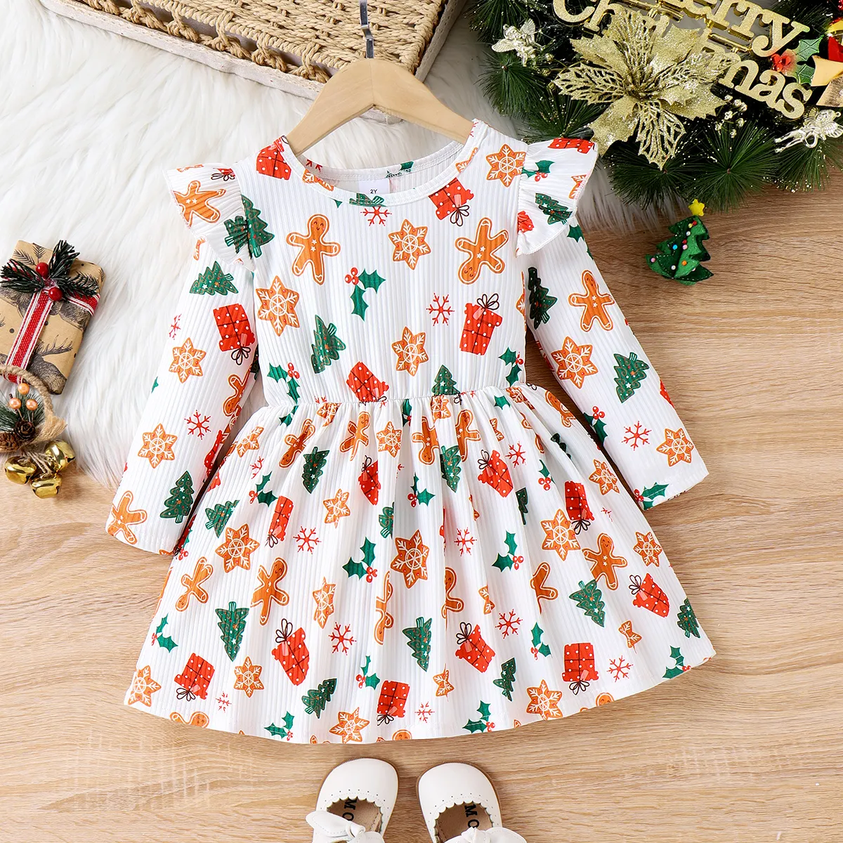 Toddler Girl Childlike Christmas  Flutter Sleeve Dress