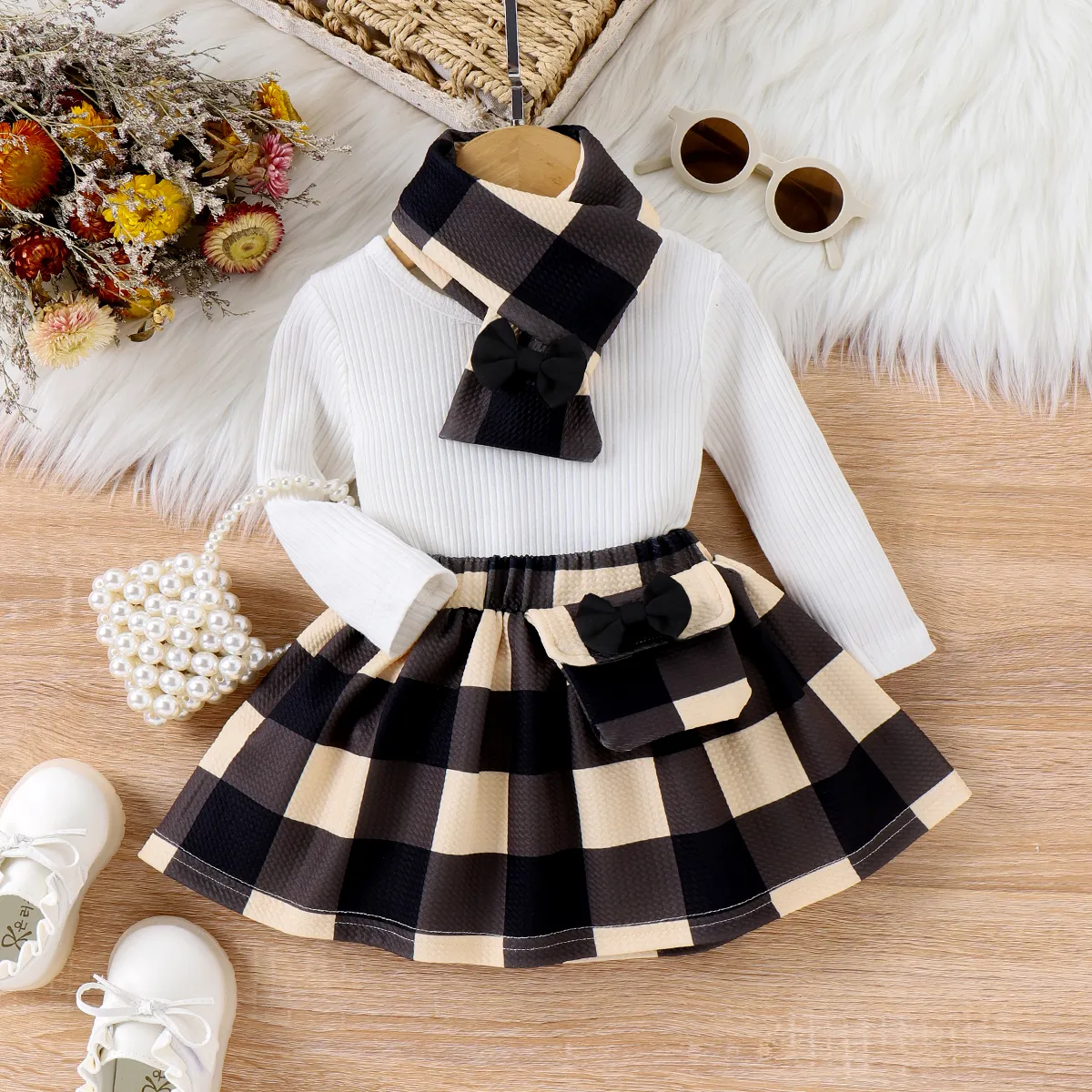 3PCS Boy Girl Sweet Long Sleeve Top/Grid Houndstooth Dress/Scarf Set big image 1