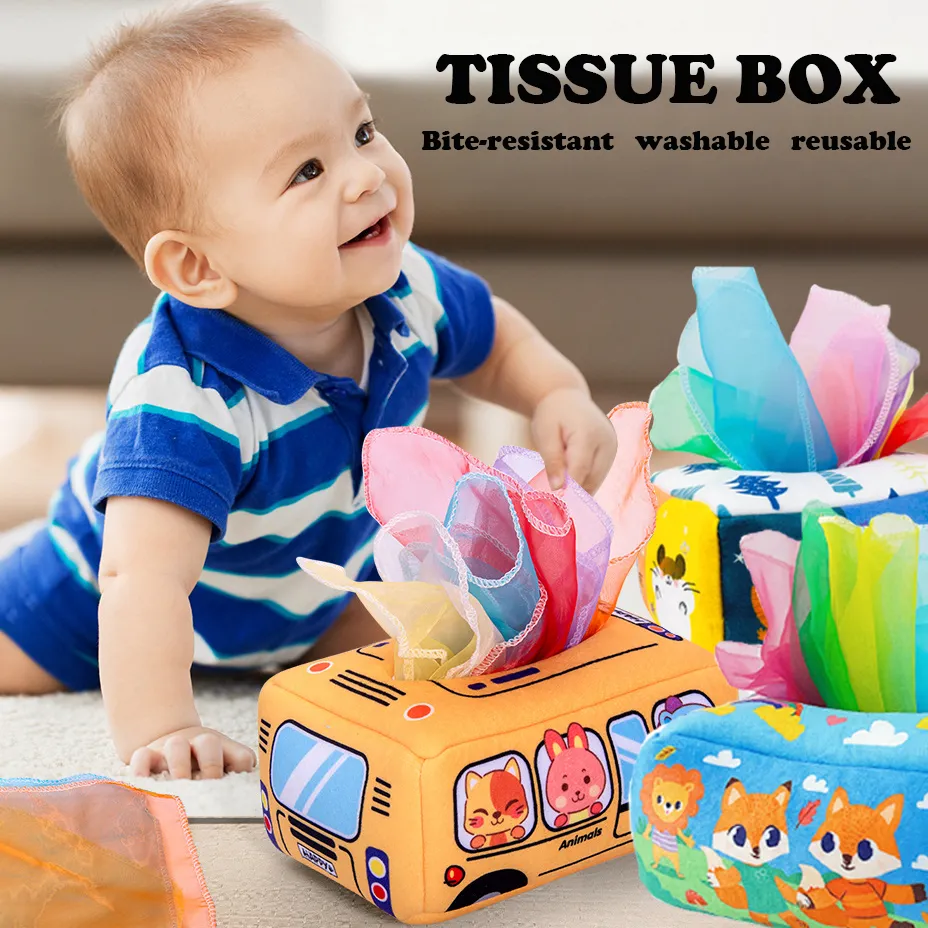 Tear-Proof Baby Tissue Box Paper Towel Toy with Random Color Silk Scarves - Early Education Exercise Toy, Perfect for Baby on Christmas Red image 4
