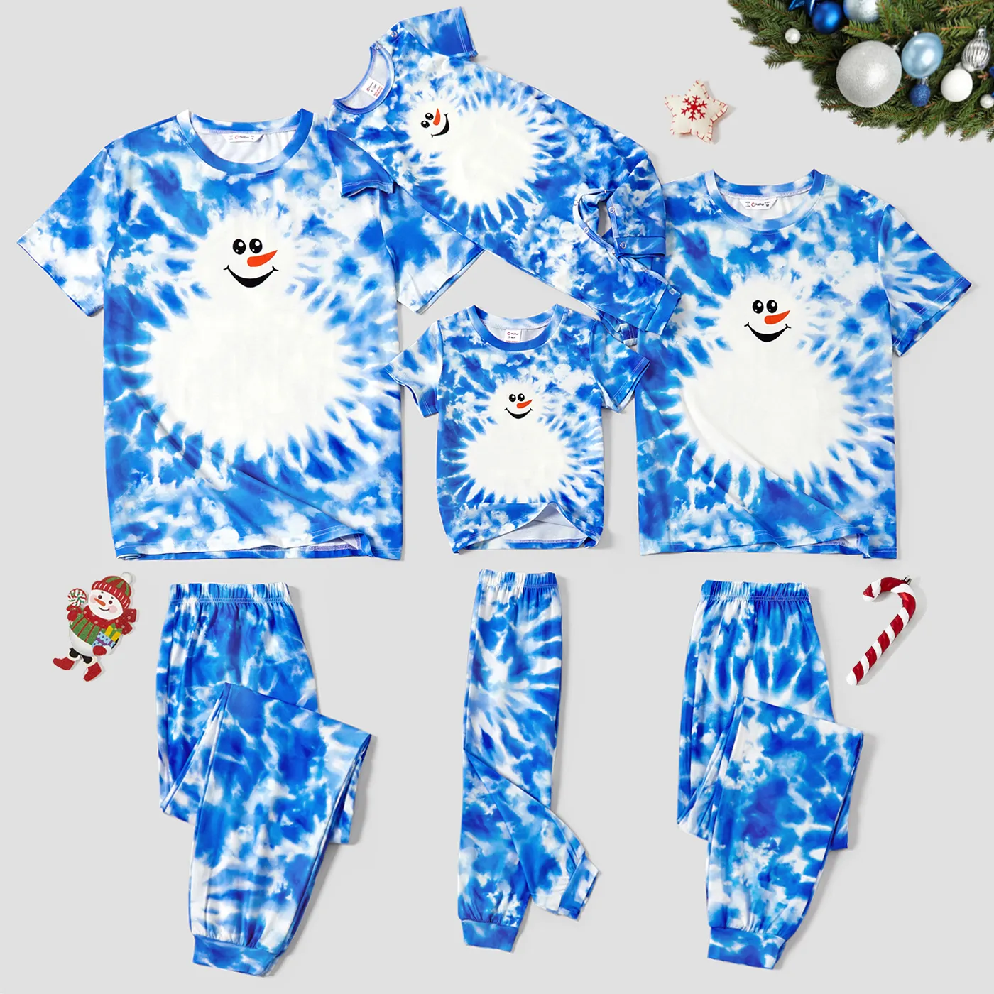 Christmas Family Matching Snowman Print  Blue Tie-dye Short-sleeve Pajamas Sets (Flame Resistant)