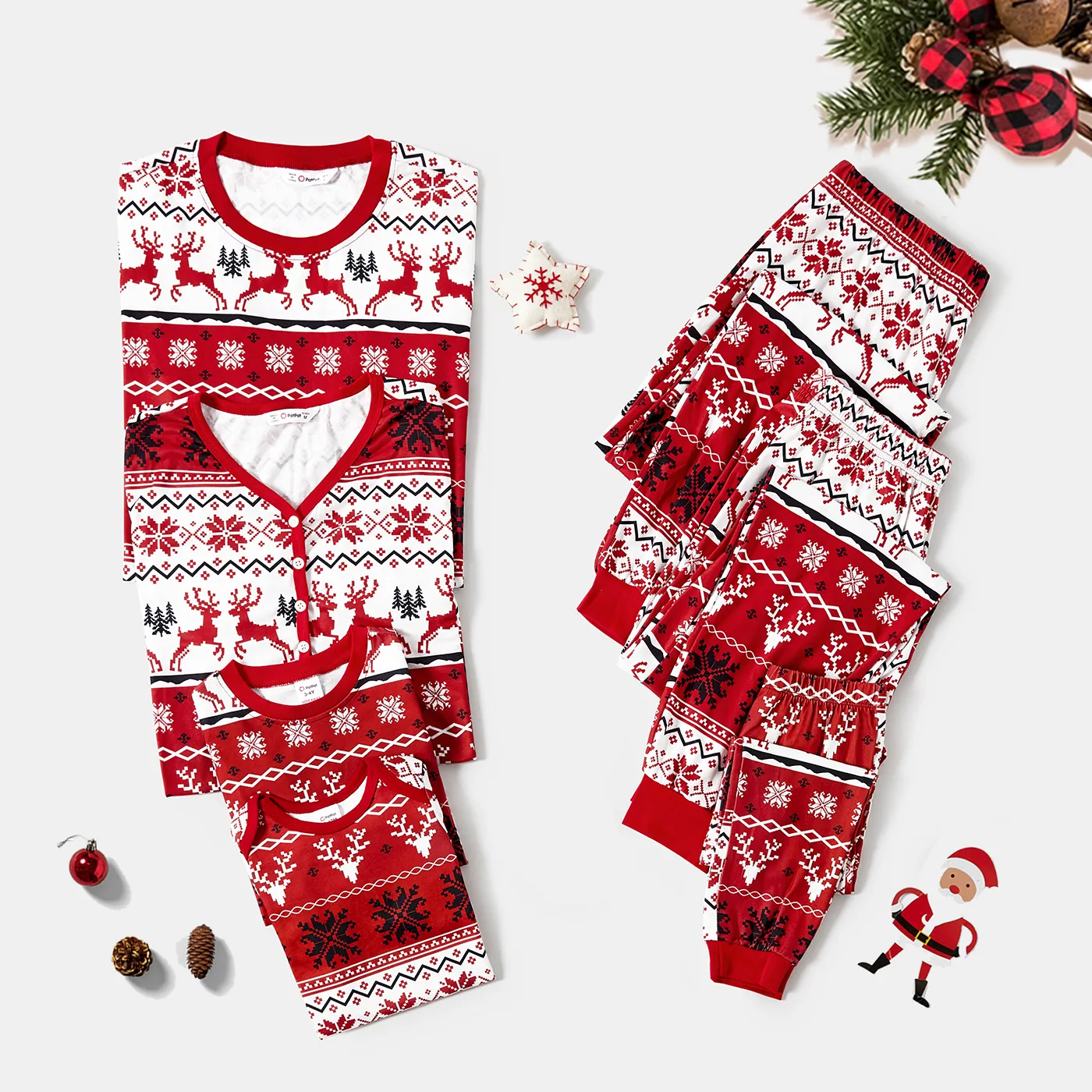 Christmas Family Matching Allover Reindeers And Snowflake Print Long-sleeve Red Pajamas Sets (Flame Resistant)
