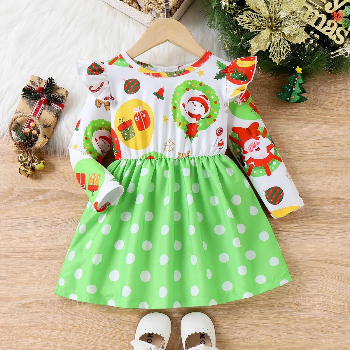 Toddler Girl Christmas Flutter Sleeves Dress   big image 1