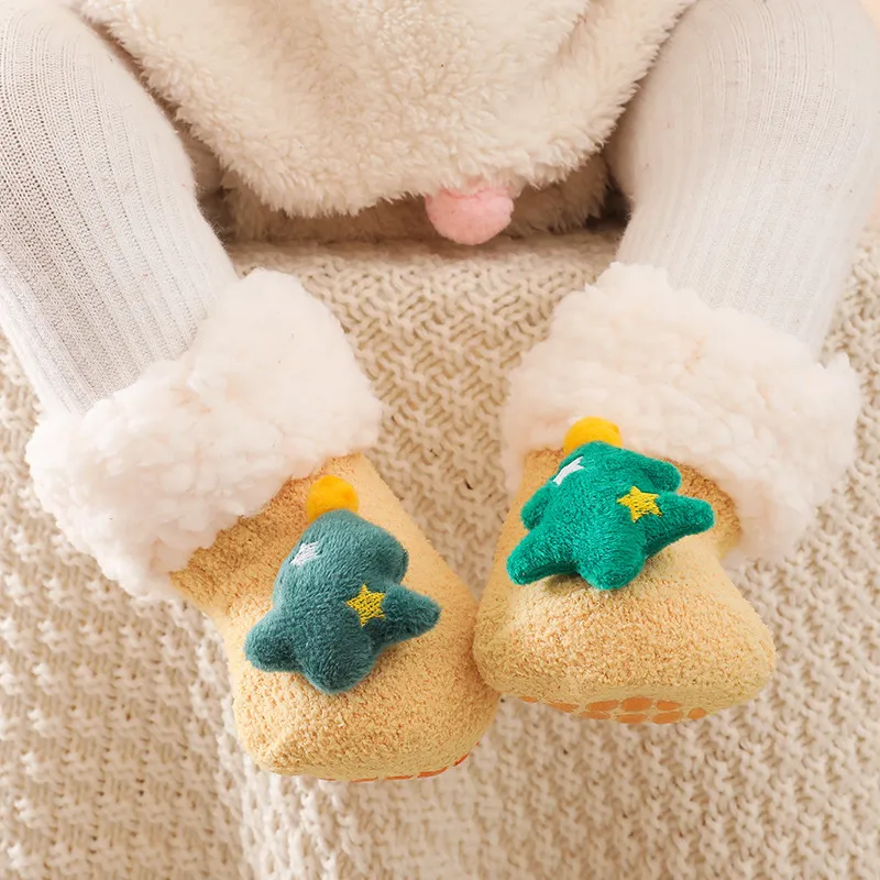 Baby's Christmas Socks, Winter Warm Thickened Coral Velvet Floor Socks Yellow big image 1