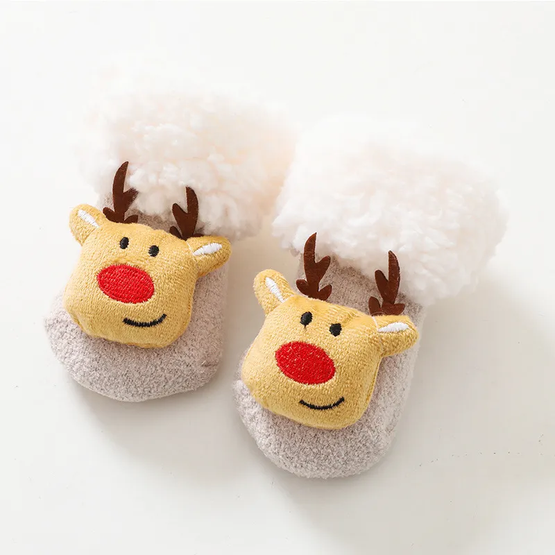 Calcetines de Navidad para bebés, calcetines de piso de terciopelo coral engrosado cálido de invierno Caqui big image 1