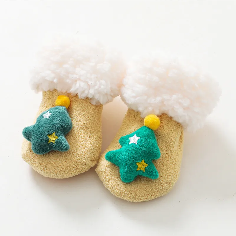 Calcetines de Navidad para bebés, calcetines de piso de terciopelo coral engrosado cálido de invierno Amarillo big image 1
