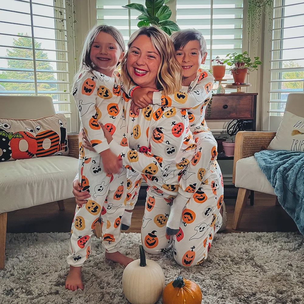 Halloween Family Matching All Over Pumpkin & Ghost Print Pajamas Sets (Flame Resistant)  big image 4