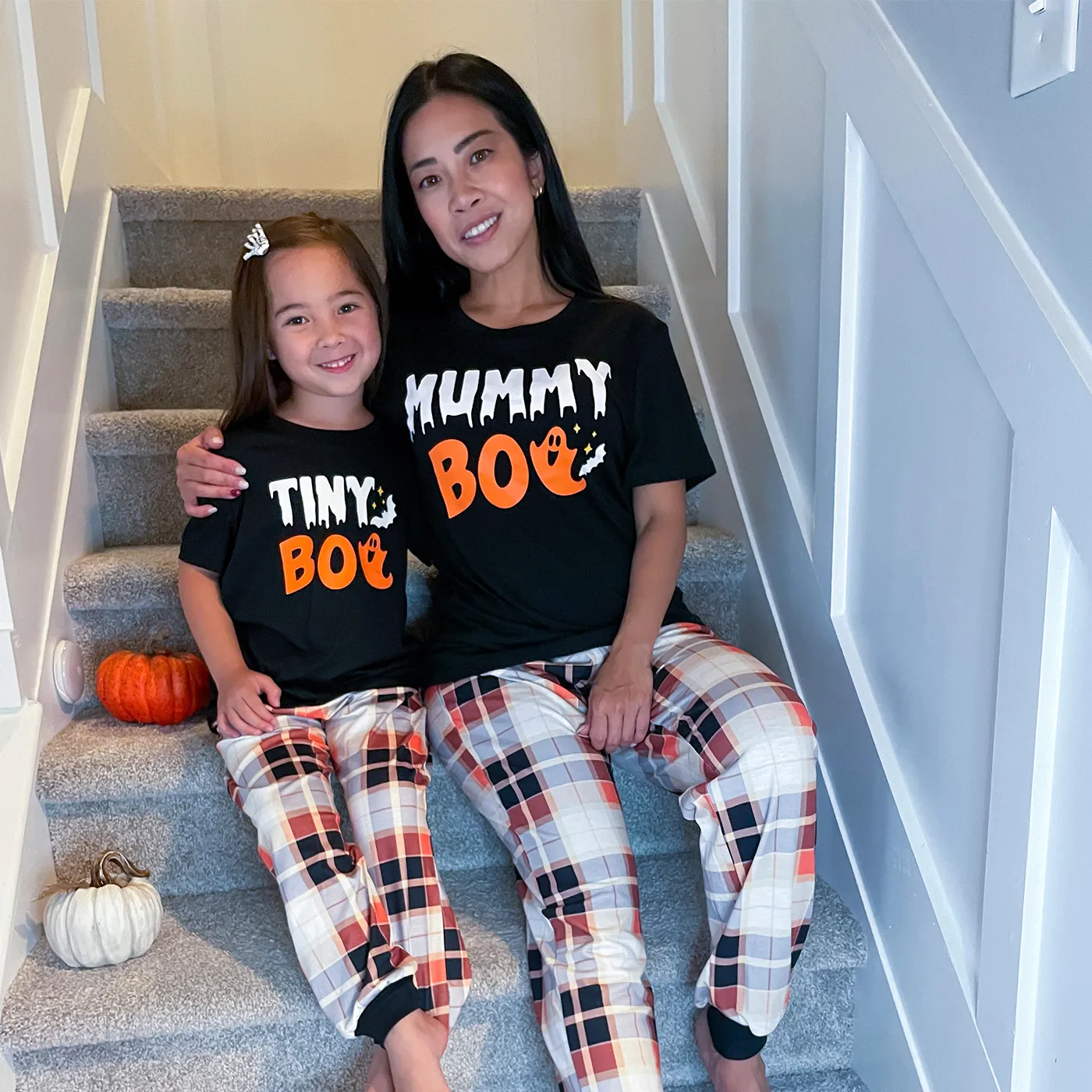 Halloween Family Mtaching Letter Print Plaid Pajamas Sets (Flame Resistant)
 Black image 6